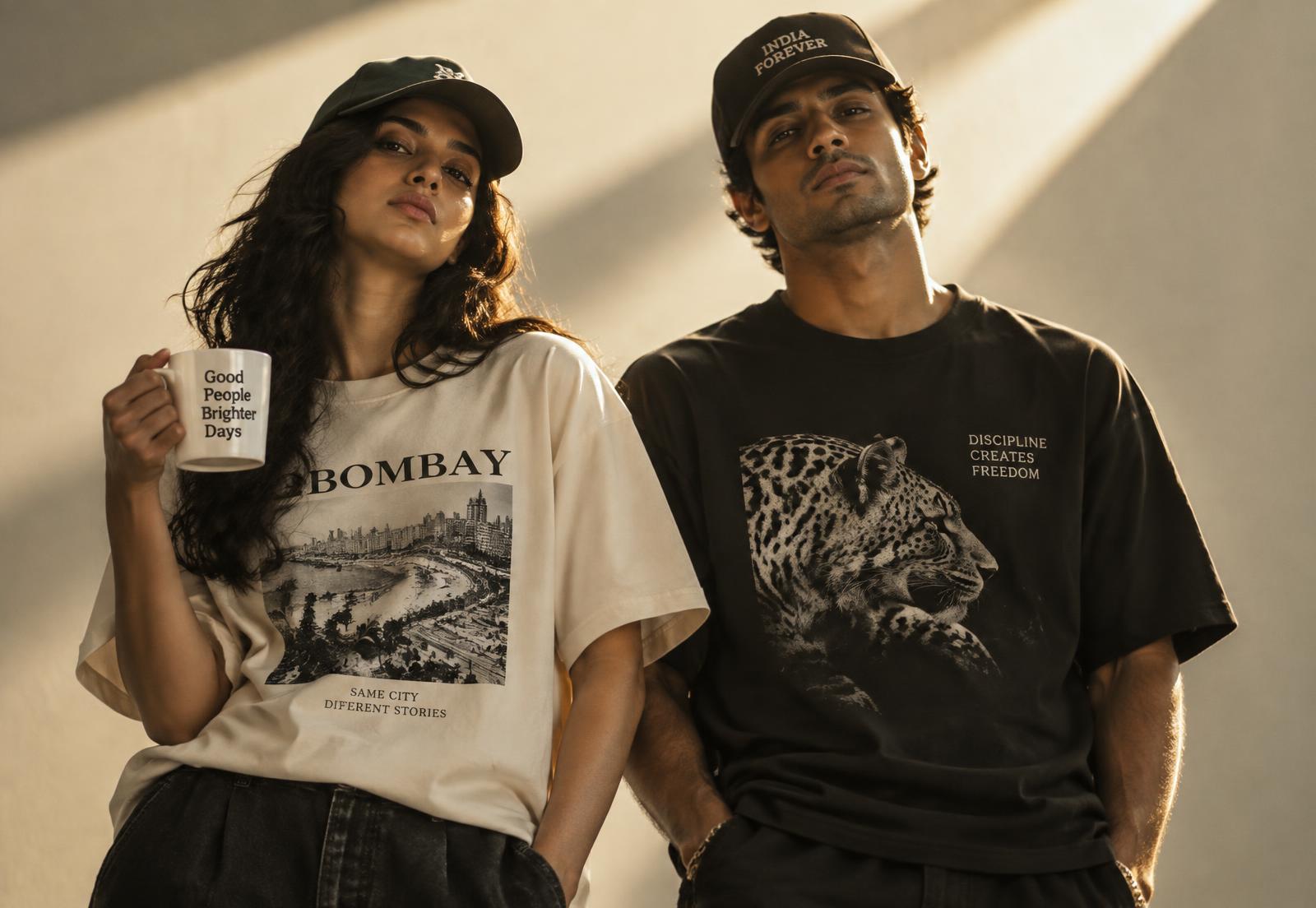 Two friends wearing custom printed streetwear t-shirts and caps, holding a custom mug